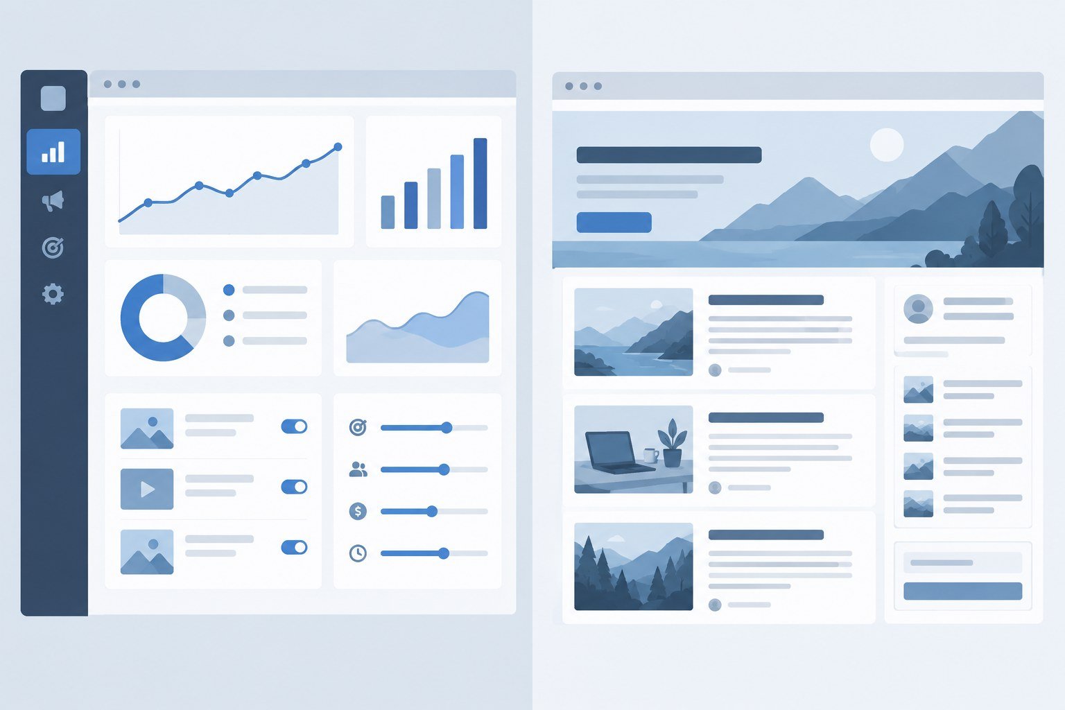 Illustration contrasting an advertising dashboard with a simple content blog layout