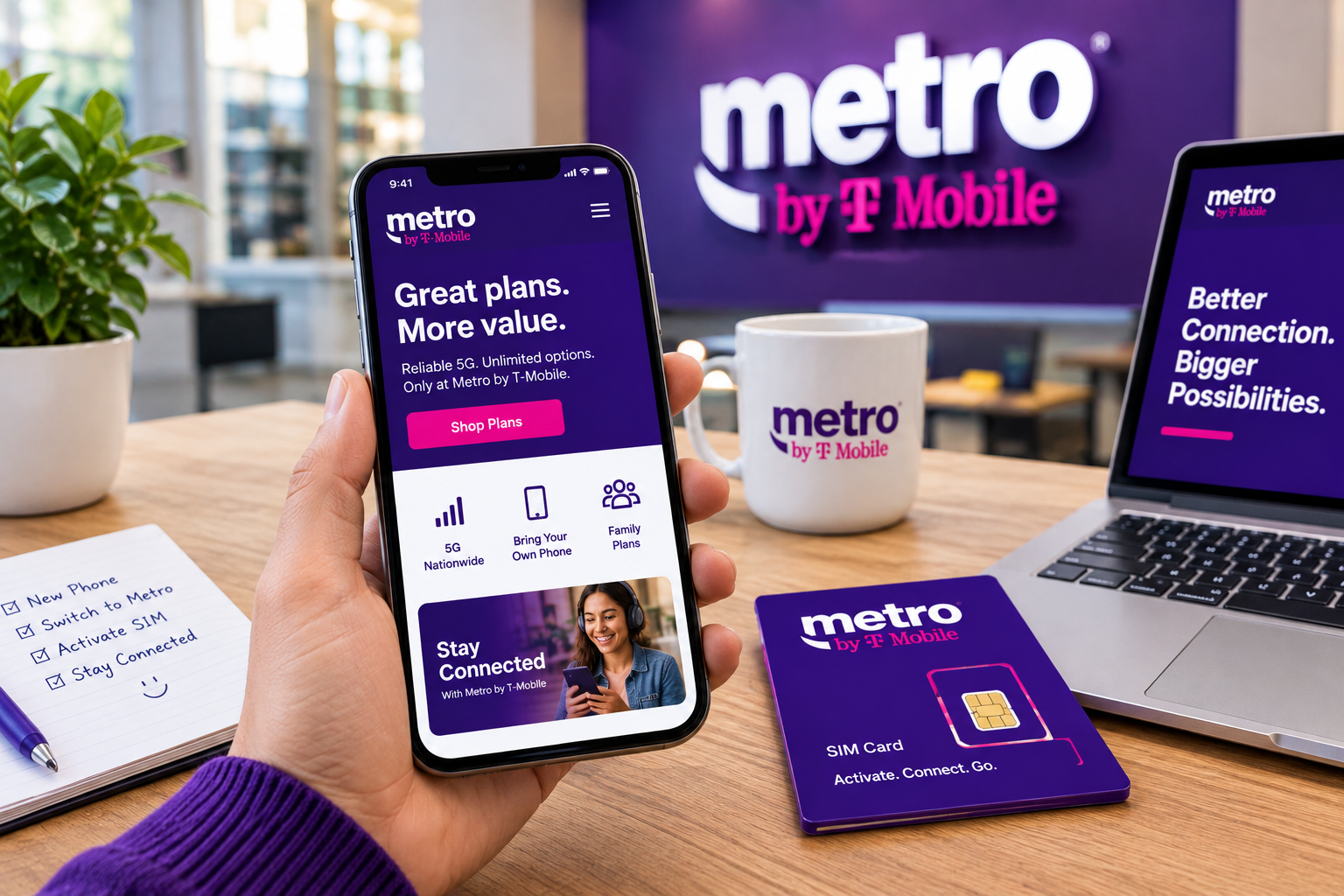 Metro by T-Mobile mobile phone plan and SIM card displayed on a smartphone and laptop