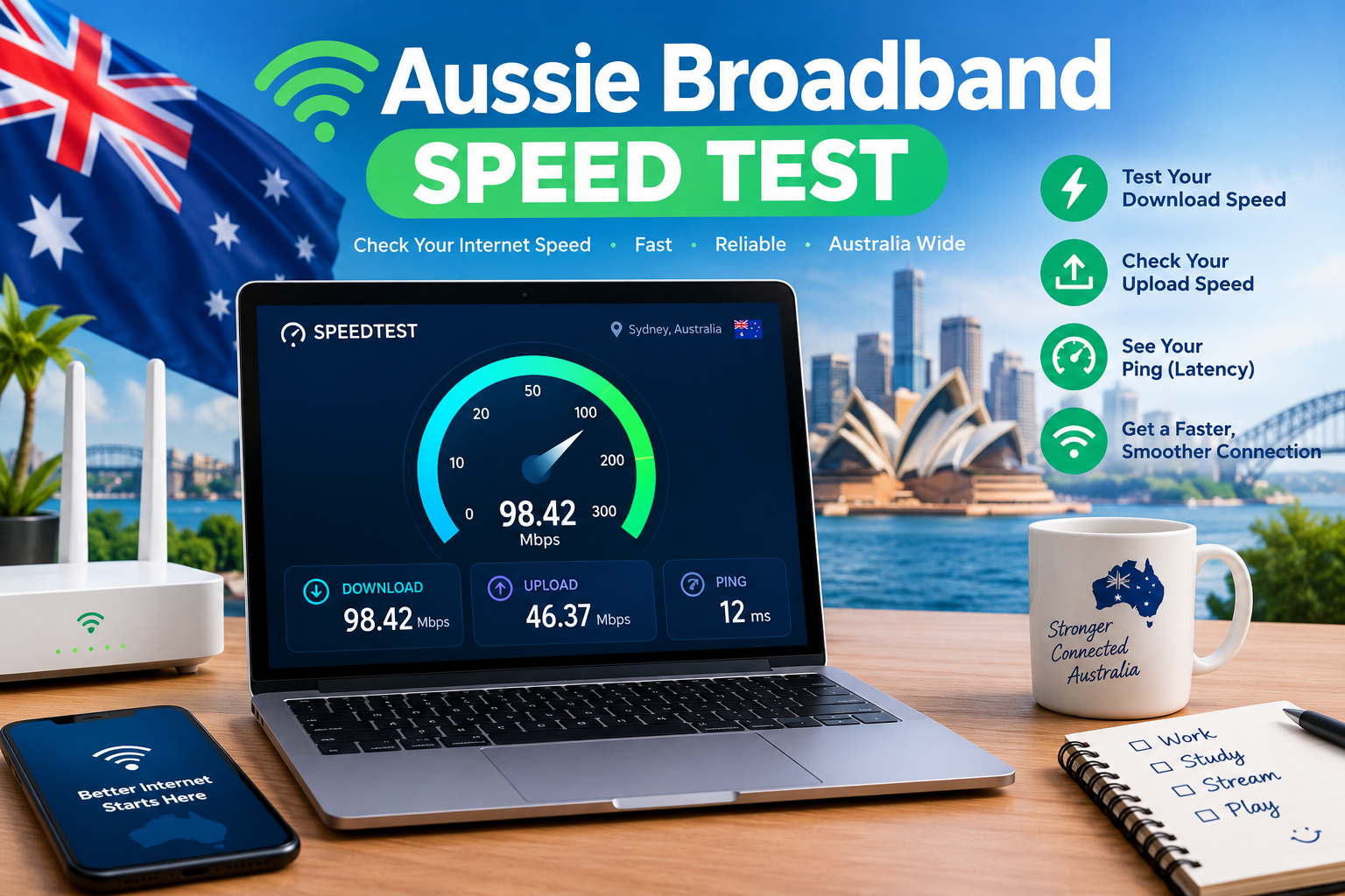 Aussie Broadband speed test showing 98.42 Mbps download speed in Sydney, Australia