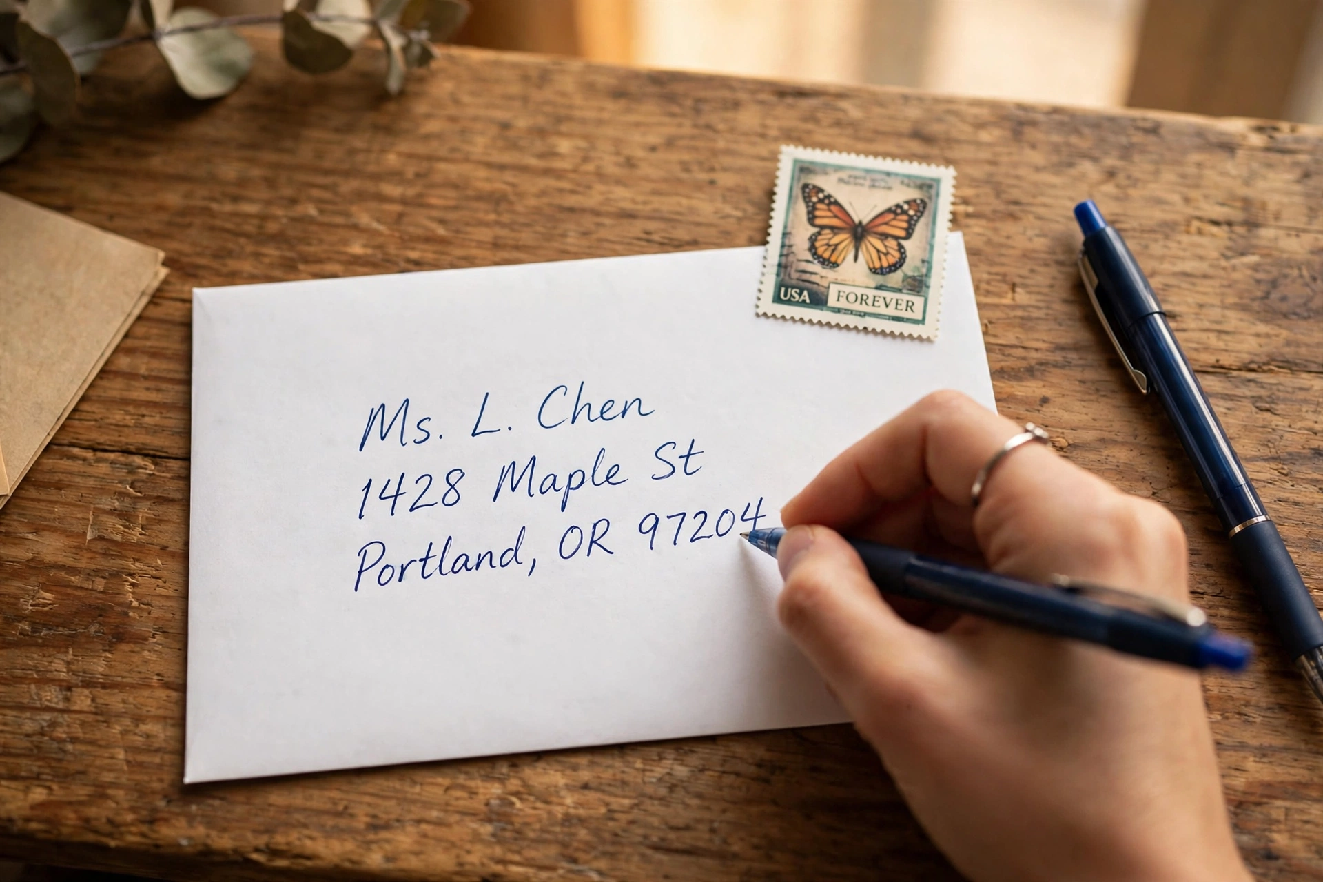 Hand addressing a white envelope on a desk with a pen