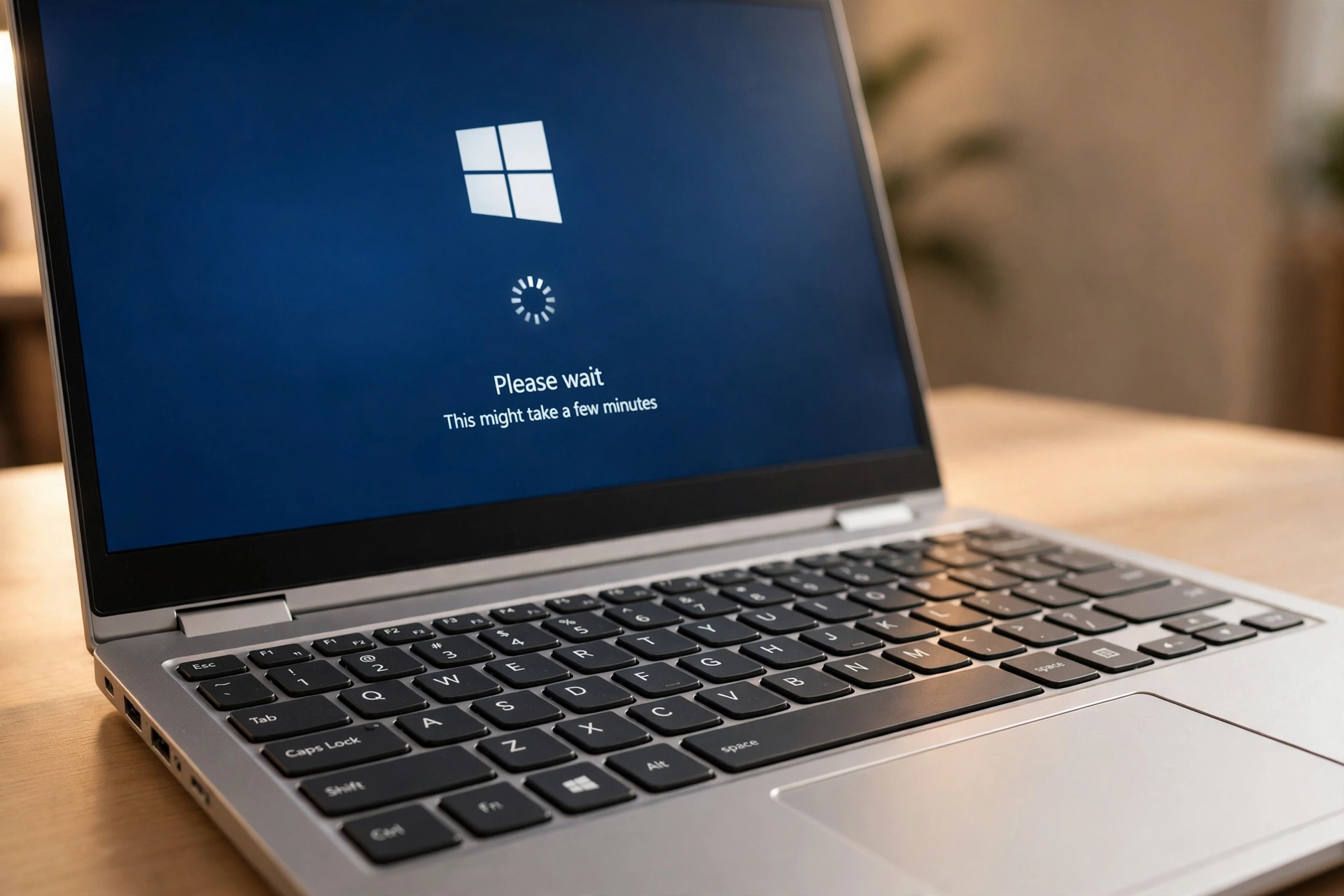 Windows laptop on a desk booting up slowly