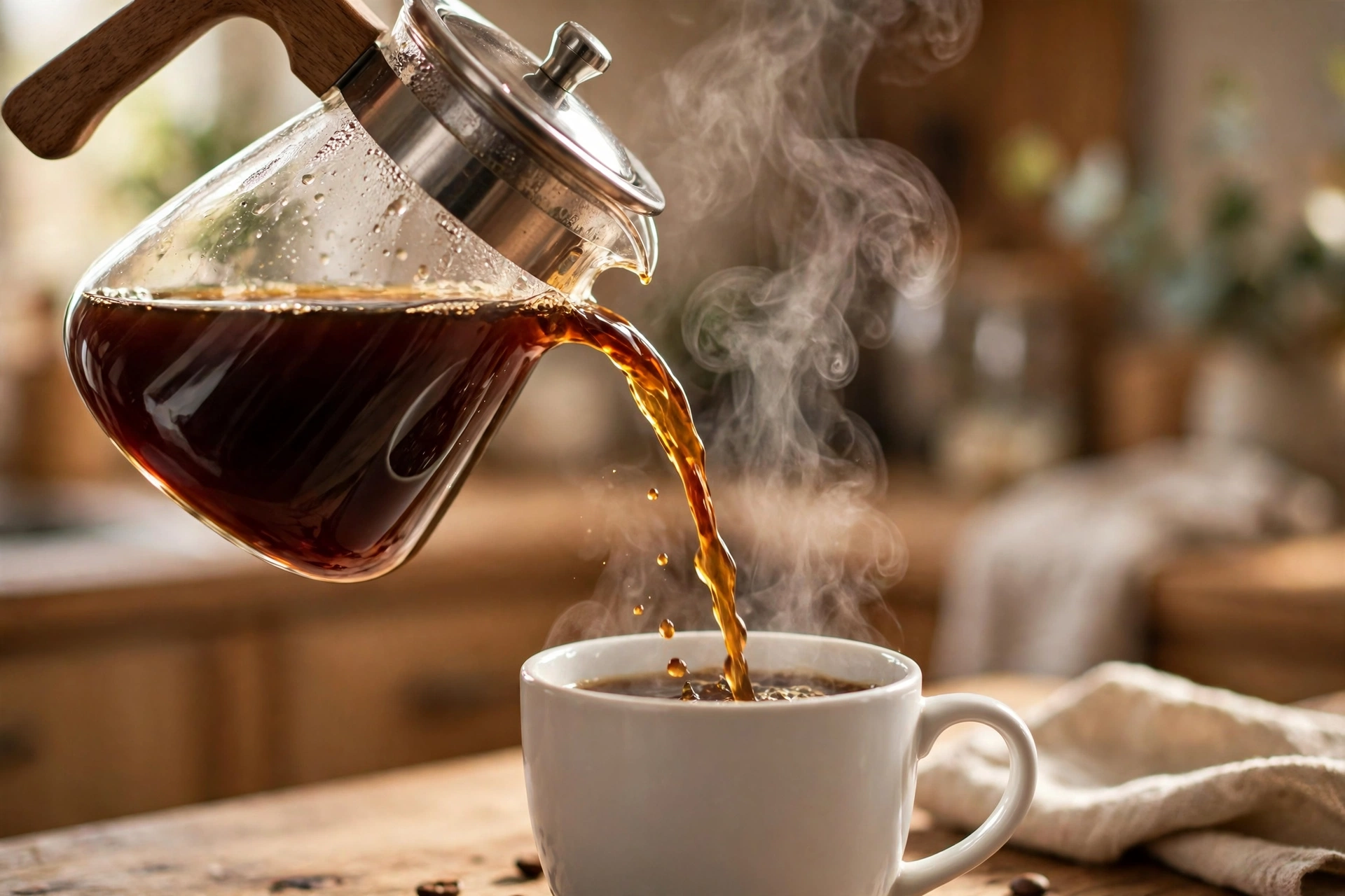 Freshly brewed coffee being poured into a ceramic mug