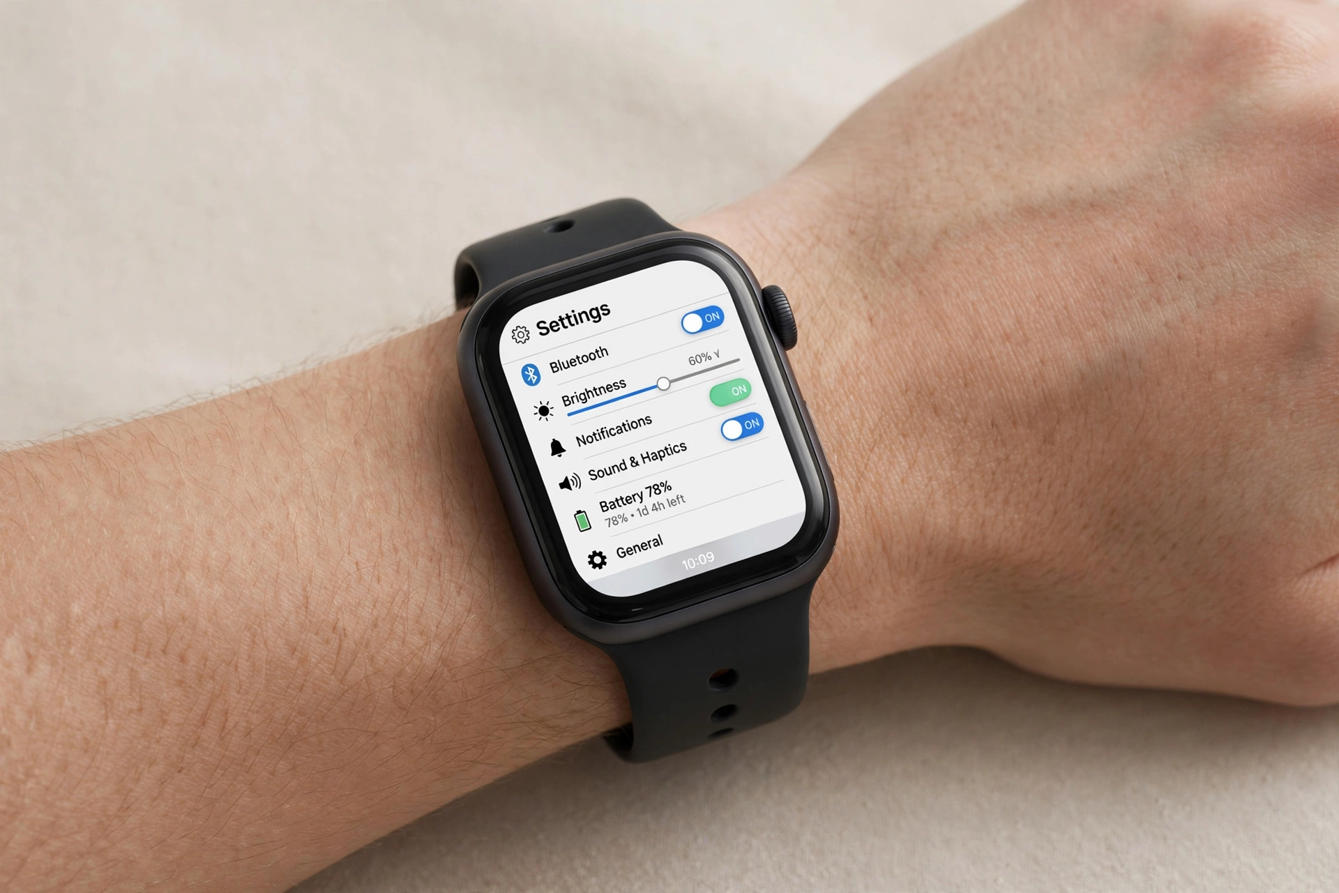 Apple Watch on a wrist showing the settings screen