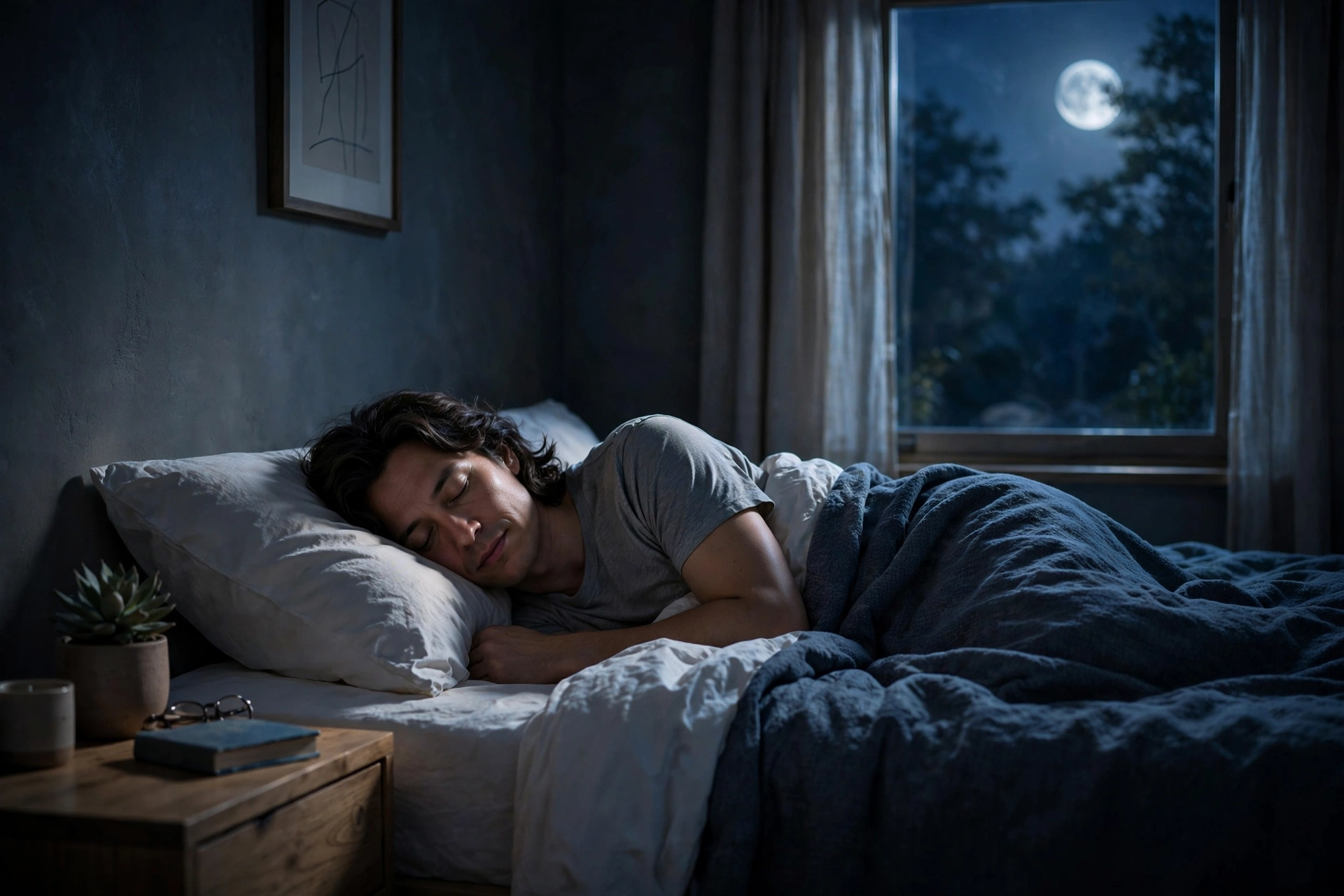 Person sleeping peacefully on their side in a calm dark bedroom
