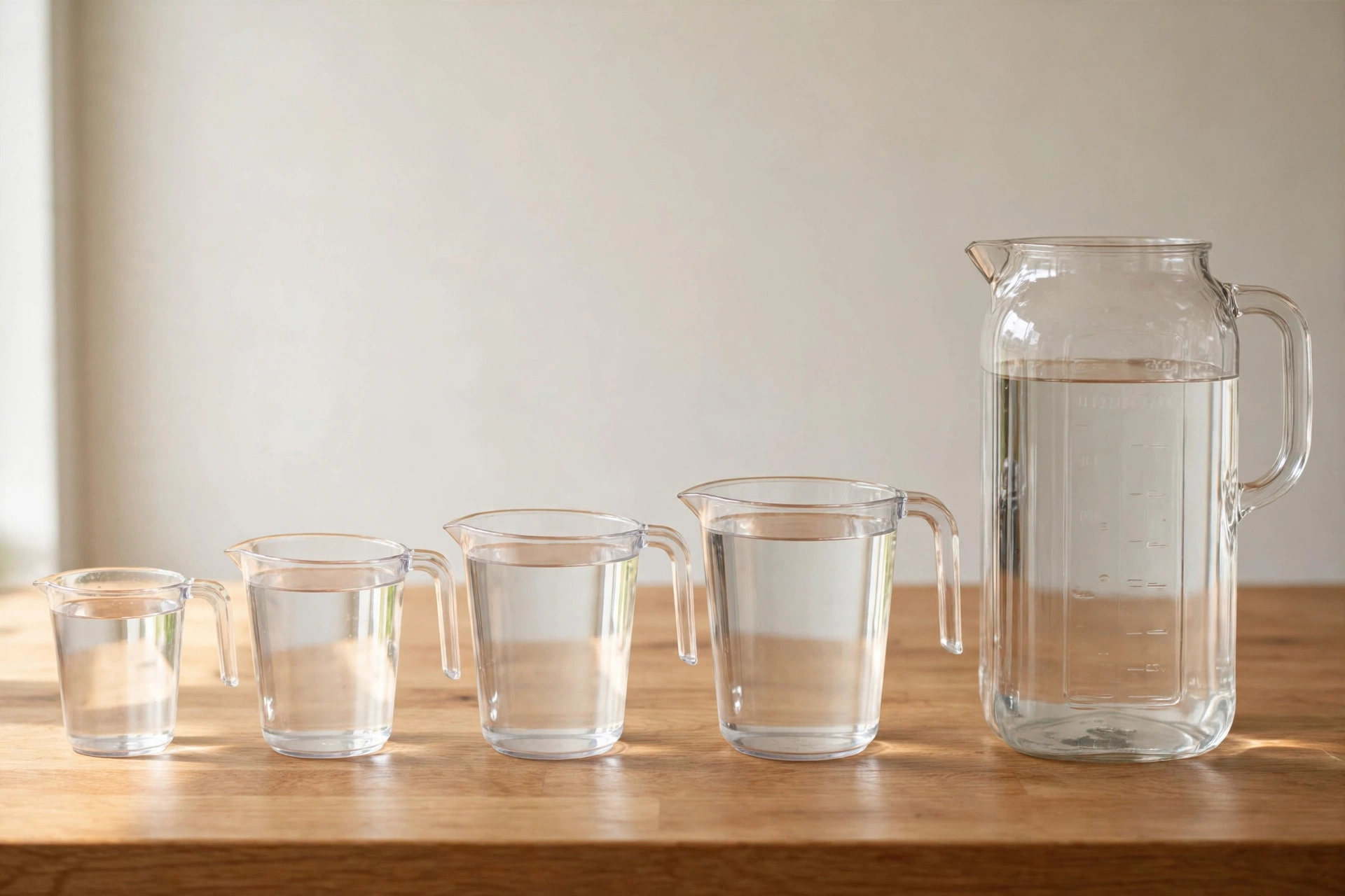 Four measuring cups next to a quart container on a kitchen counter