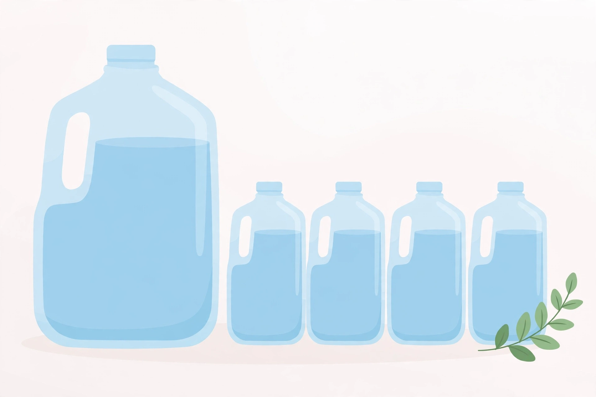 One large gallon jug beside four smaller quart jugs, showing that 4 quarts equal 1 gallon