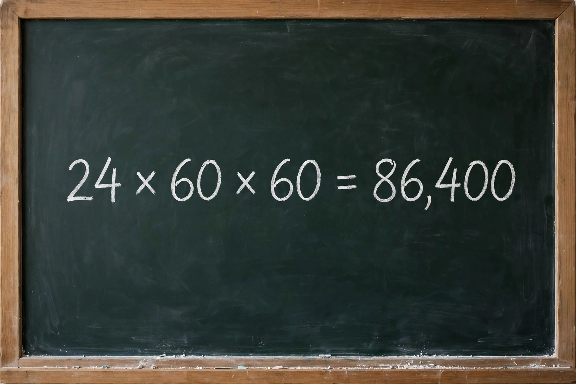 Chalkboard showing the math 24 x 60 x 60 = 86,400