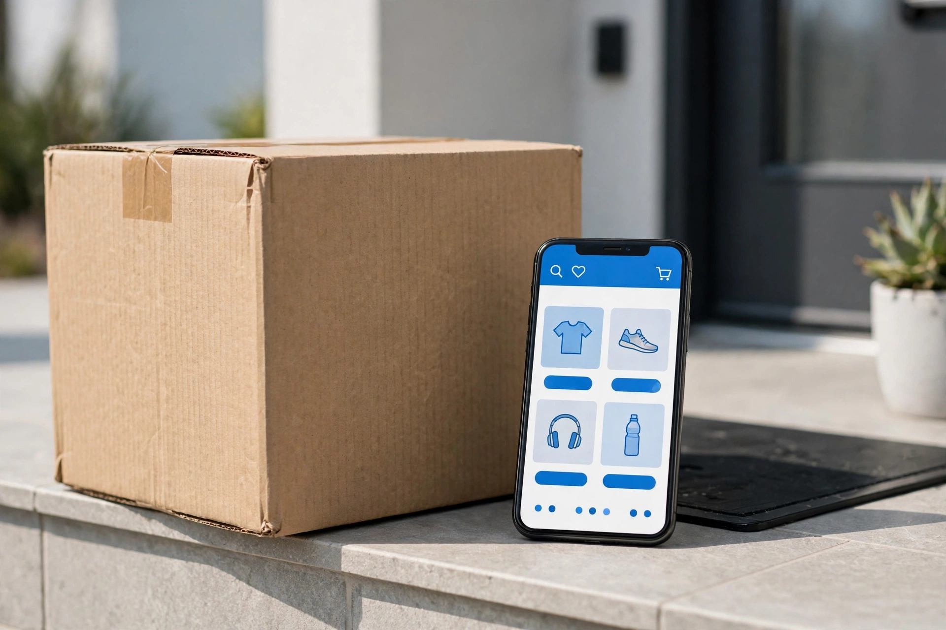 Amazon Prime delivery box on a doorstep next to a smartphone
