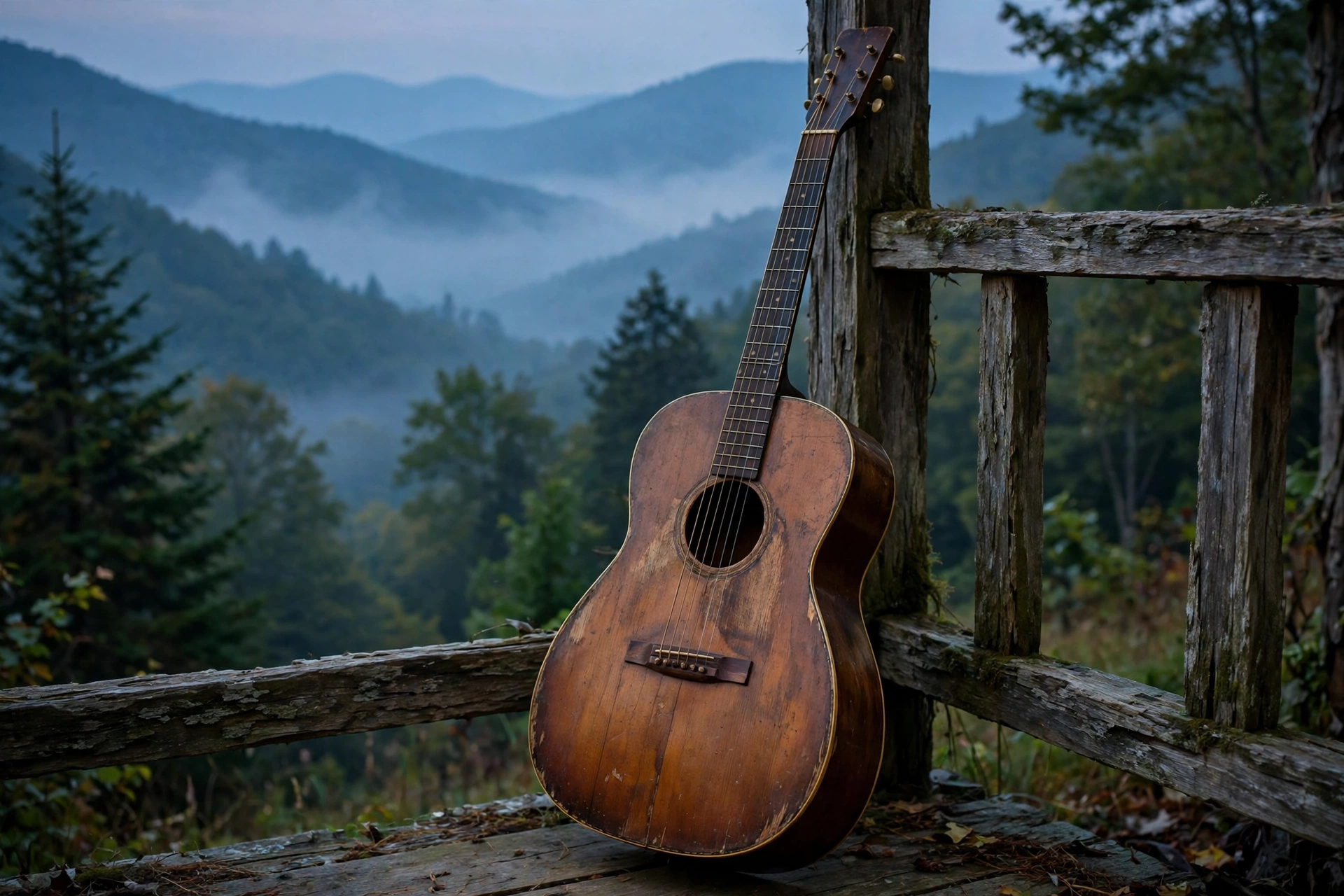 Vintage guitar on a wooden porch in the Smoky Mountains