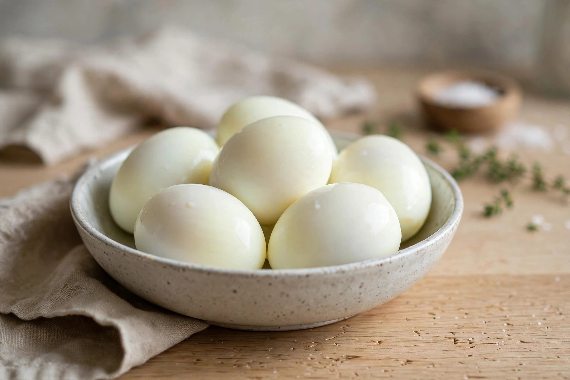 Peeled hard-boiled eggs in a bowl