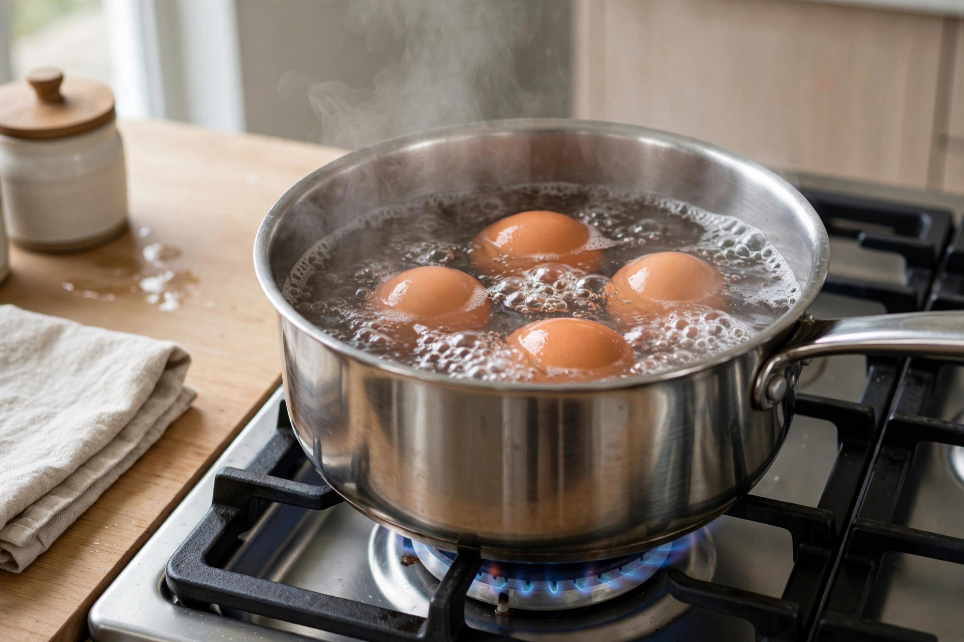 Eggs boiling in a pot of water on a stovetop