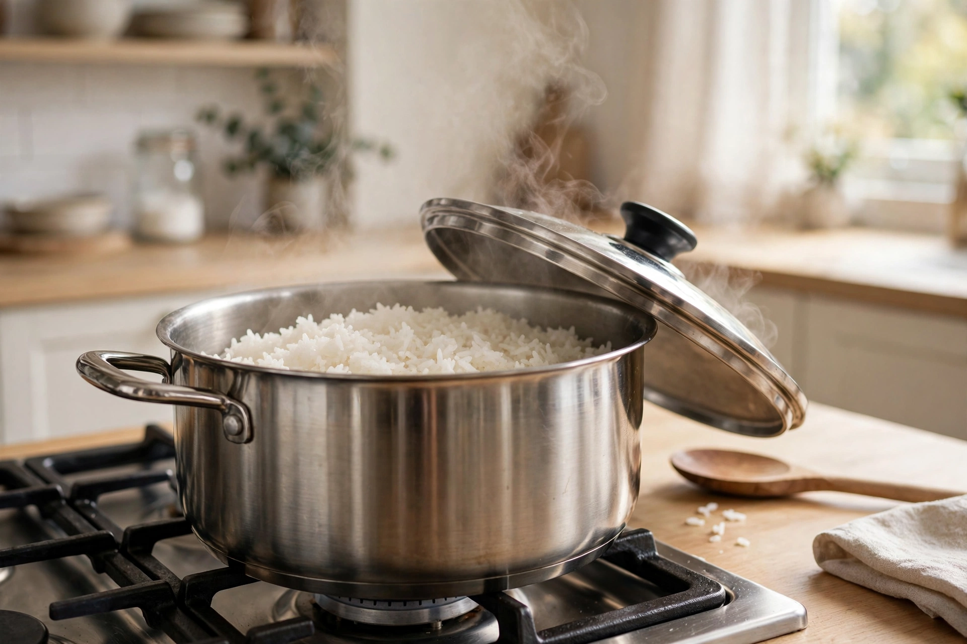 A pot of rice with the lid slightly ajar and steam rising on a stovetop