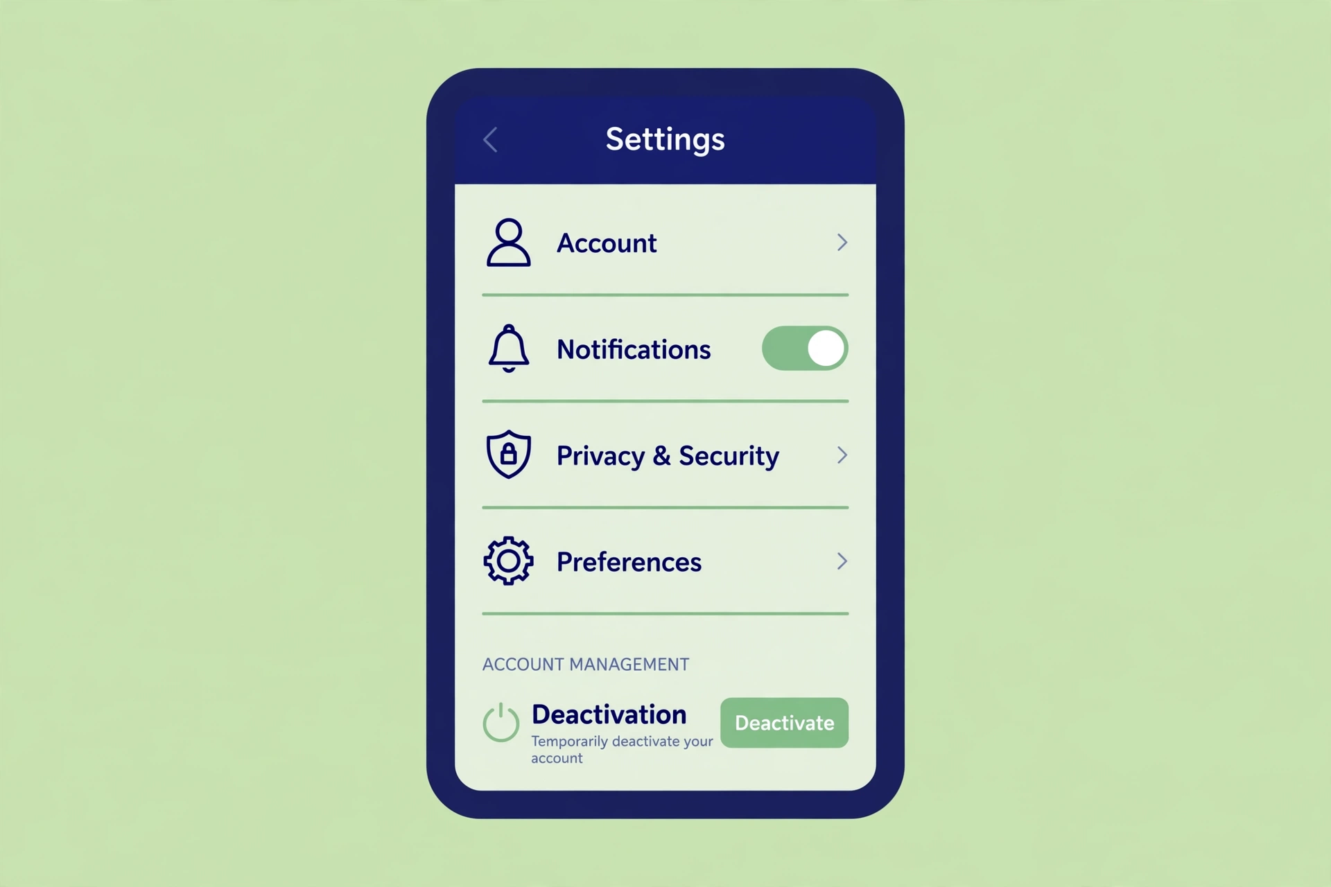 Illustration of a generic smartphone showing a settings and deactivation screen
