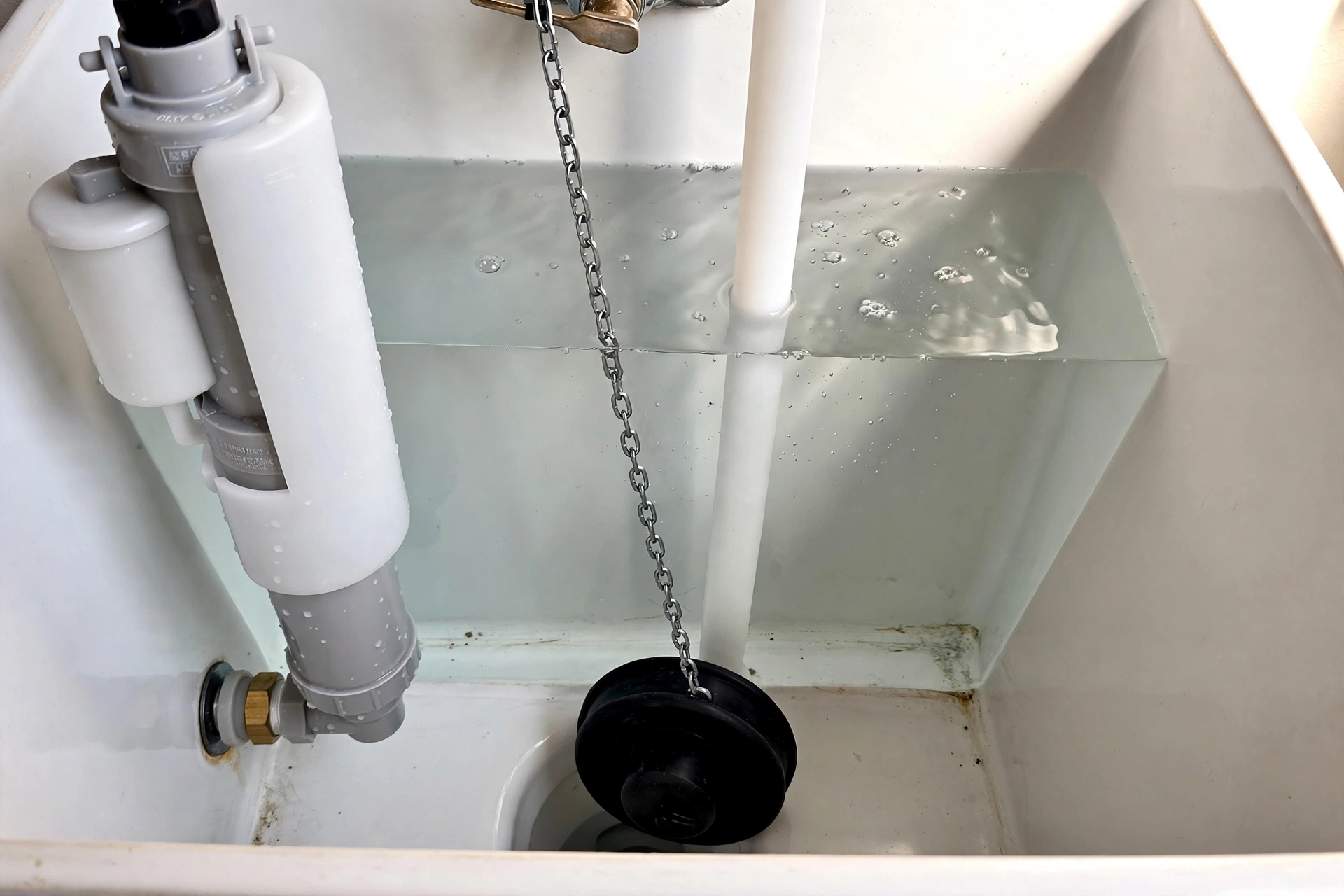 Close-up inside a toilet tank showing the flapper, chain, and fill valve