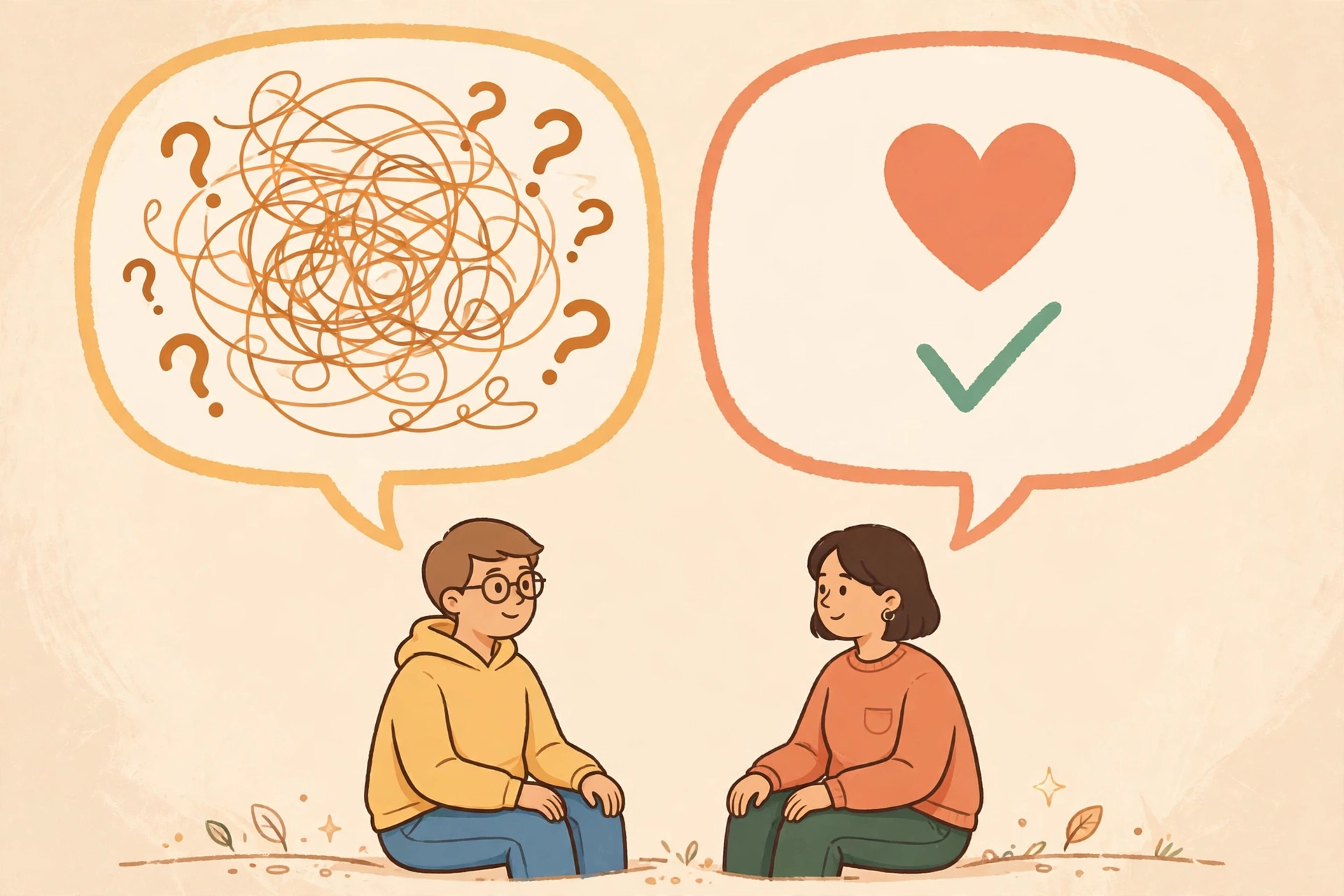 Original illustration of two speech bubbles contrasting confusing dating games with clear, honest communication