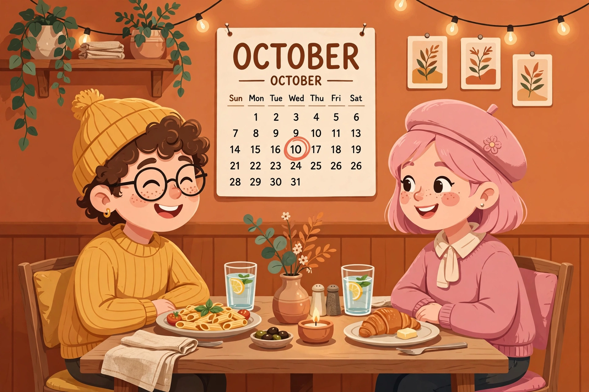 Original illustration of a fictional couple at a dinner table with a calendar showing 10 days circled
