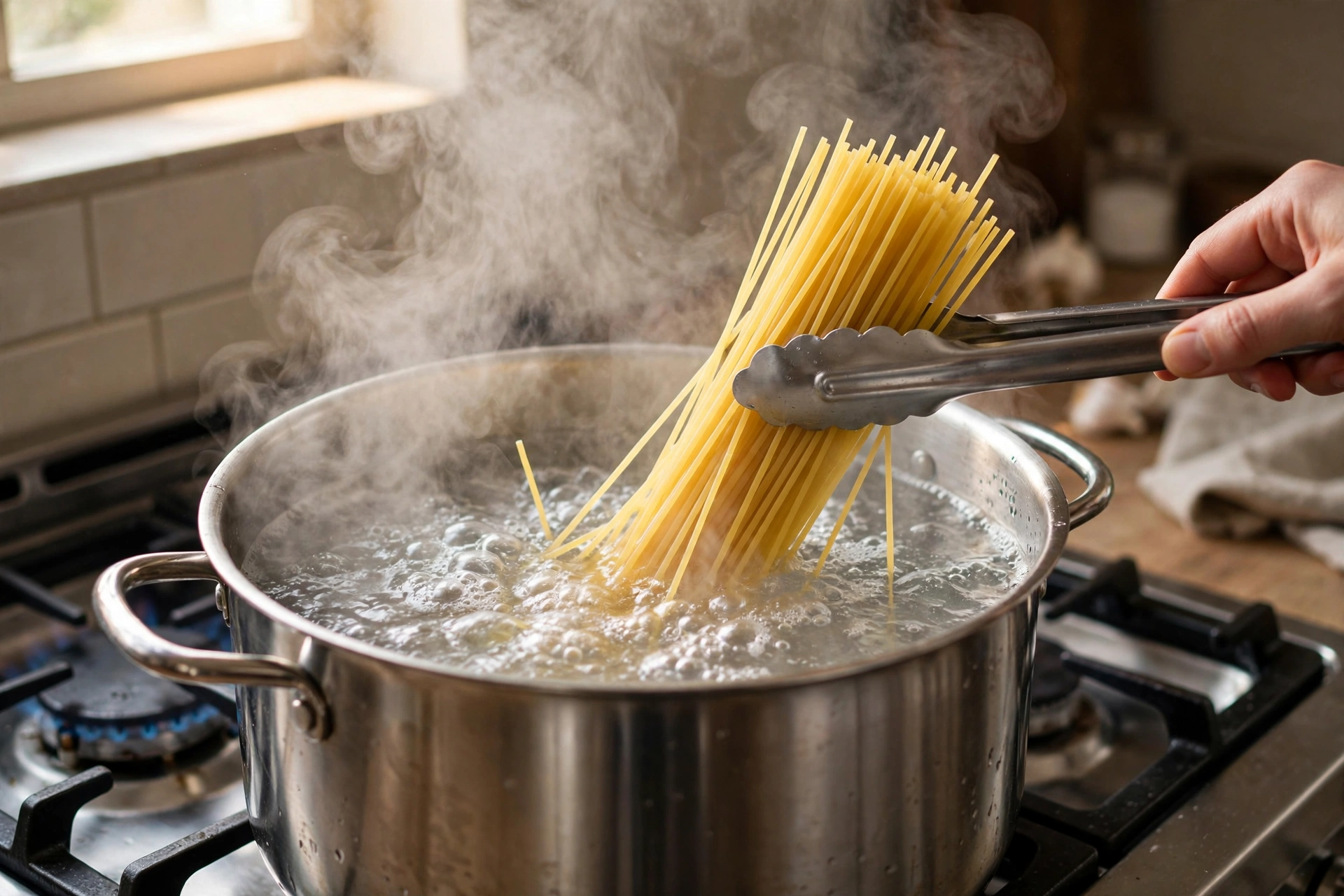 Spaghetti being lowered into a large pot of boiling water