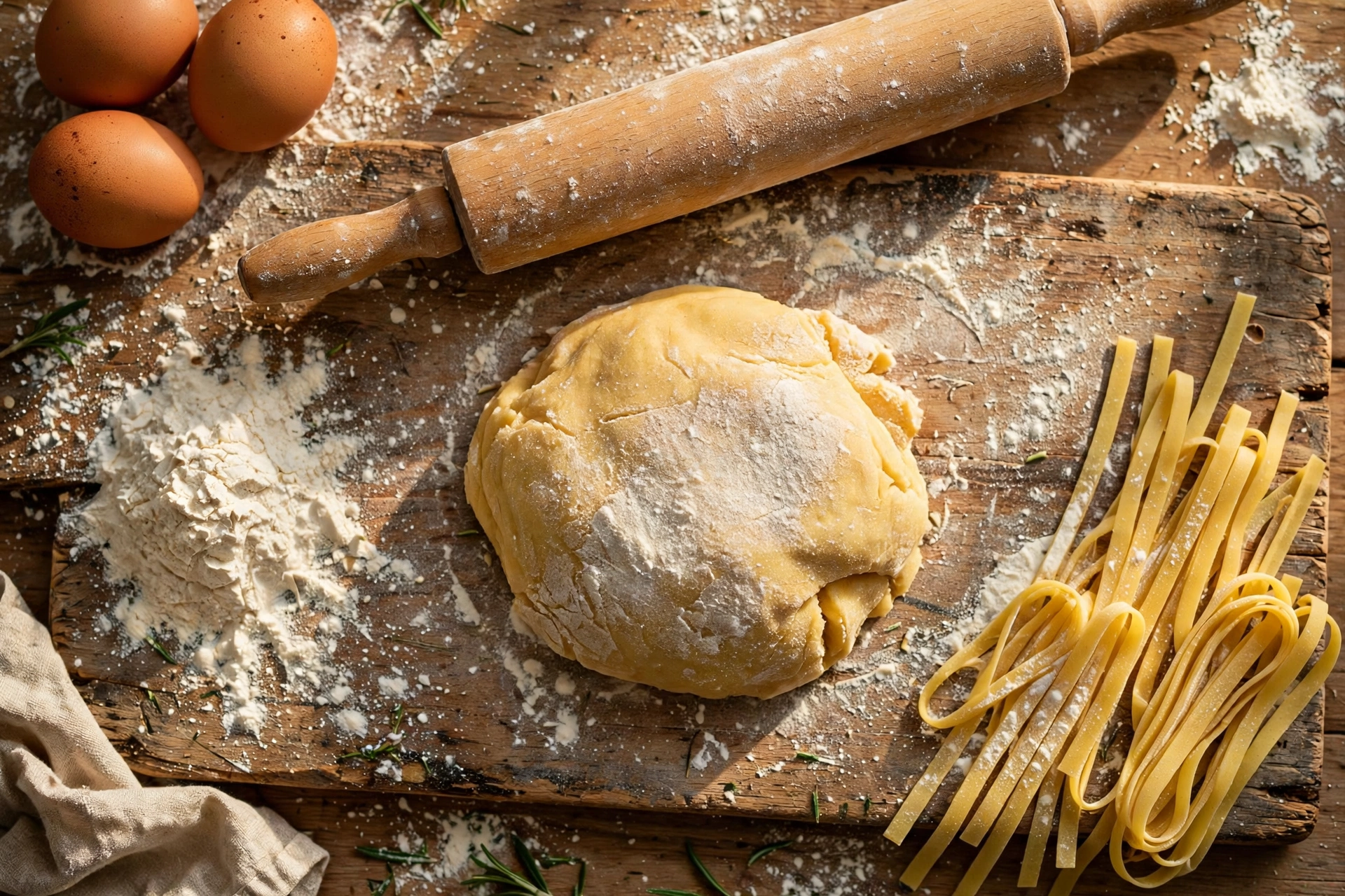 Fresh pasta dough on a floured wooden board with a rolling pin, eggs, and flour