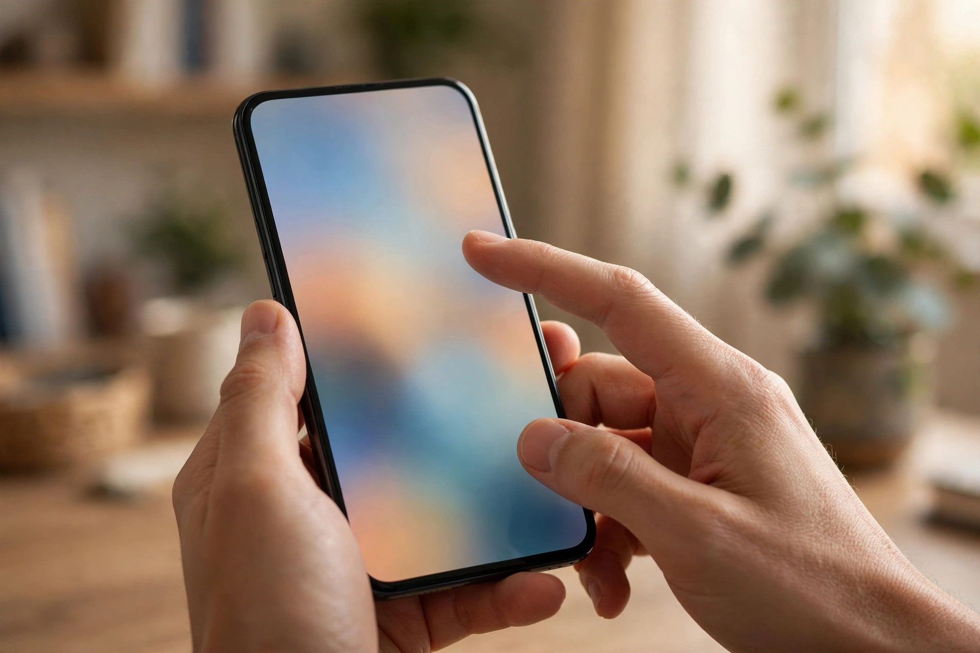 Hands holding an iPhone with a finger near the screen during the factory reset process