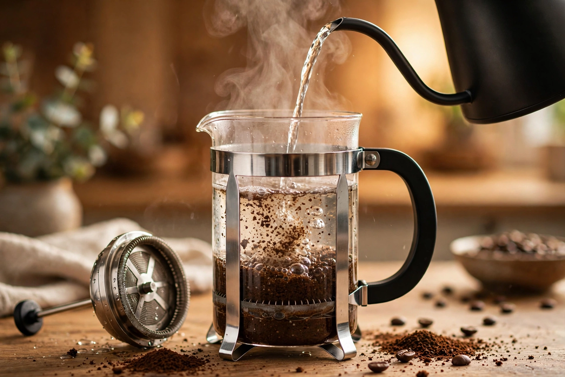 French press with coffee grounds and hot water