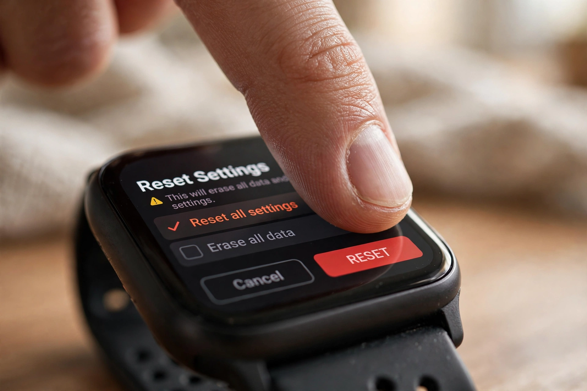 Close-up of a finger tapping Erase All Content and Settings on an Apple Watch