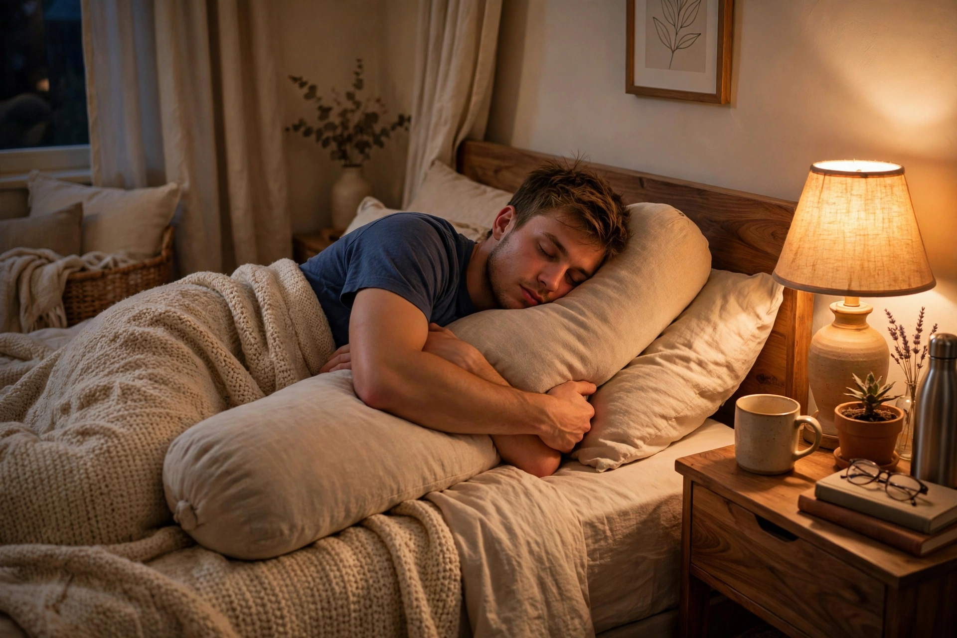 Person sleeping on their side with a supportive pillow in a cozy bedroom