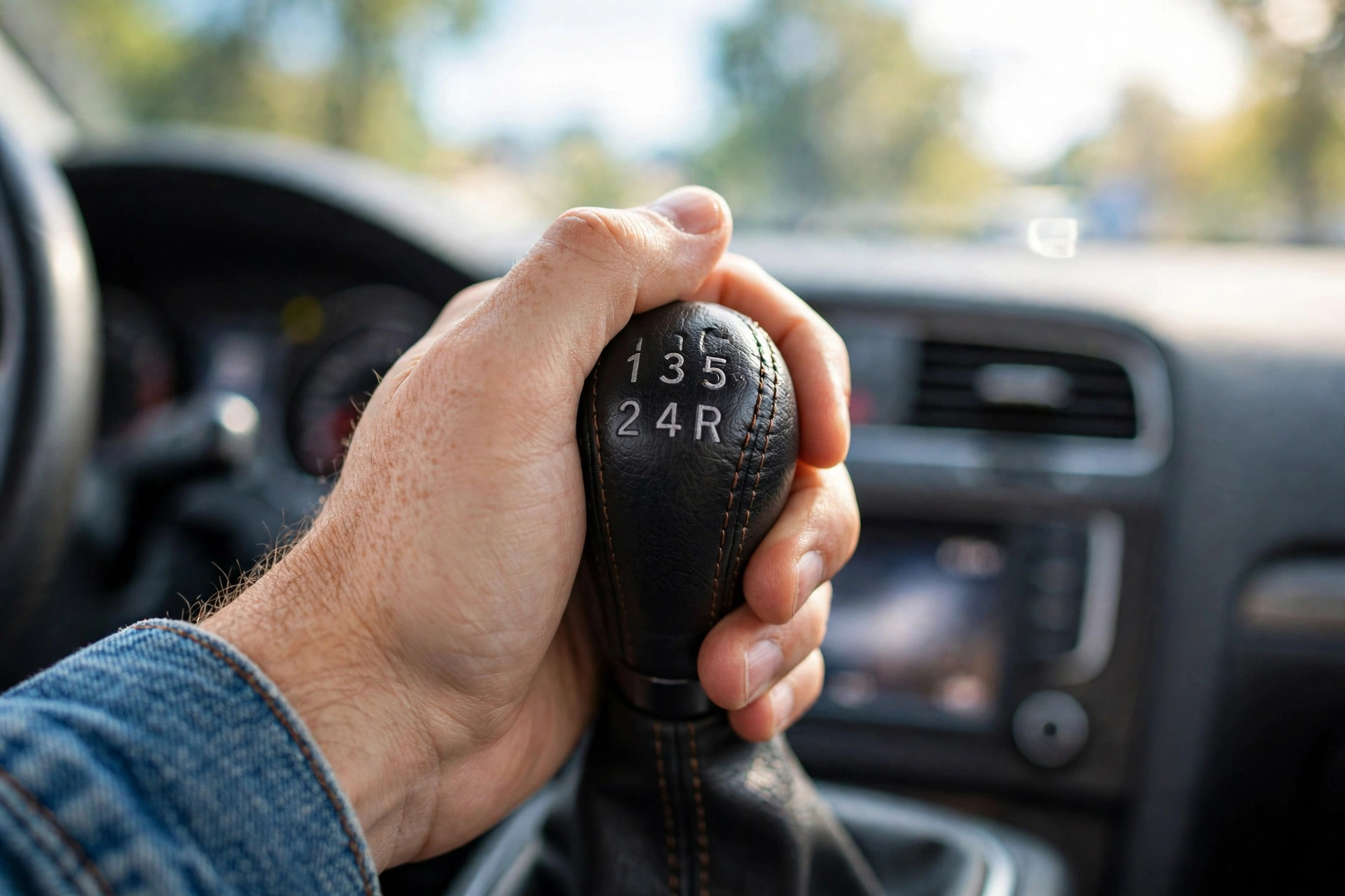 Close-up of a driver's hand gripping a manual transmission gear shift knob in a car