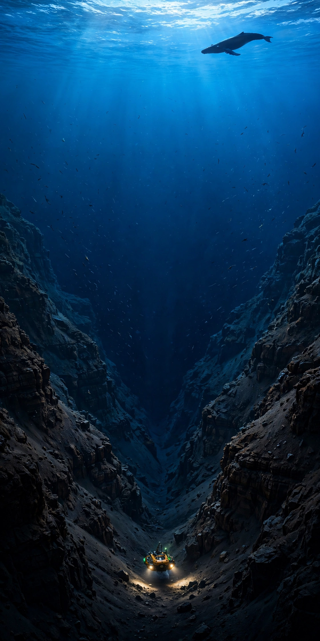 Cross-section illustration of the Mariana Trench showing the ocean floor sloping down to Challenger Deep at 10,935 meters
