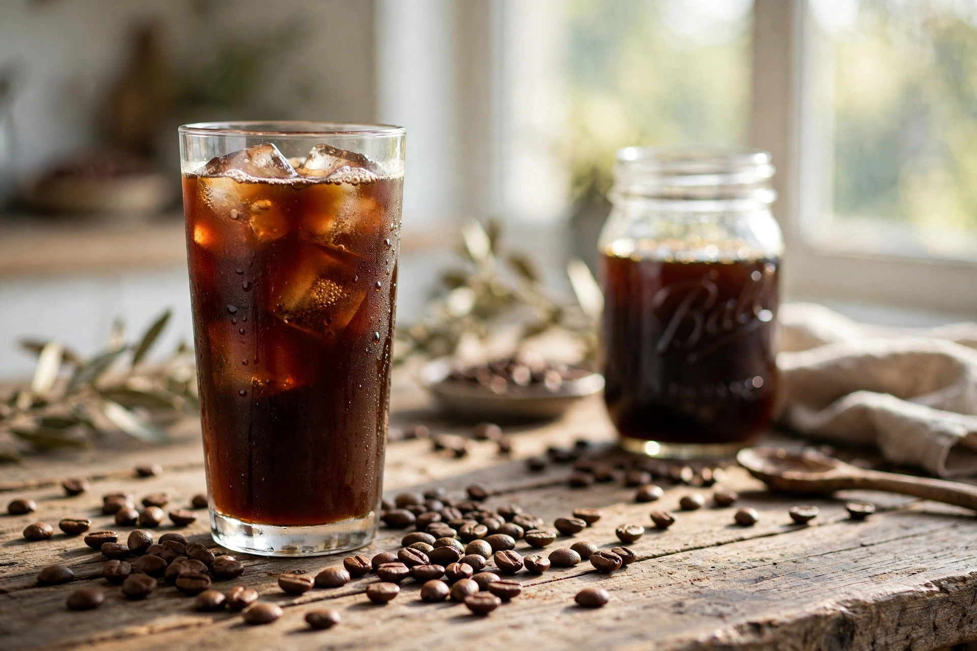 Glass of homemade cold brew coffee with ice
