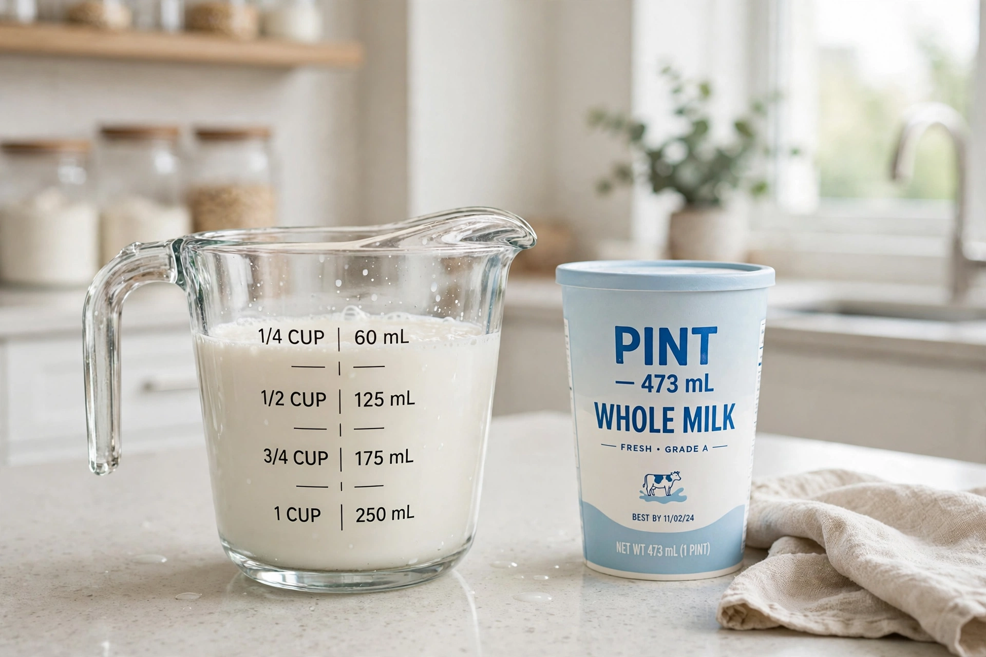 A glass measuring cup filled with milk next to a pint container on a kitchen counter.