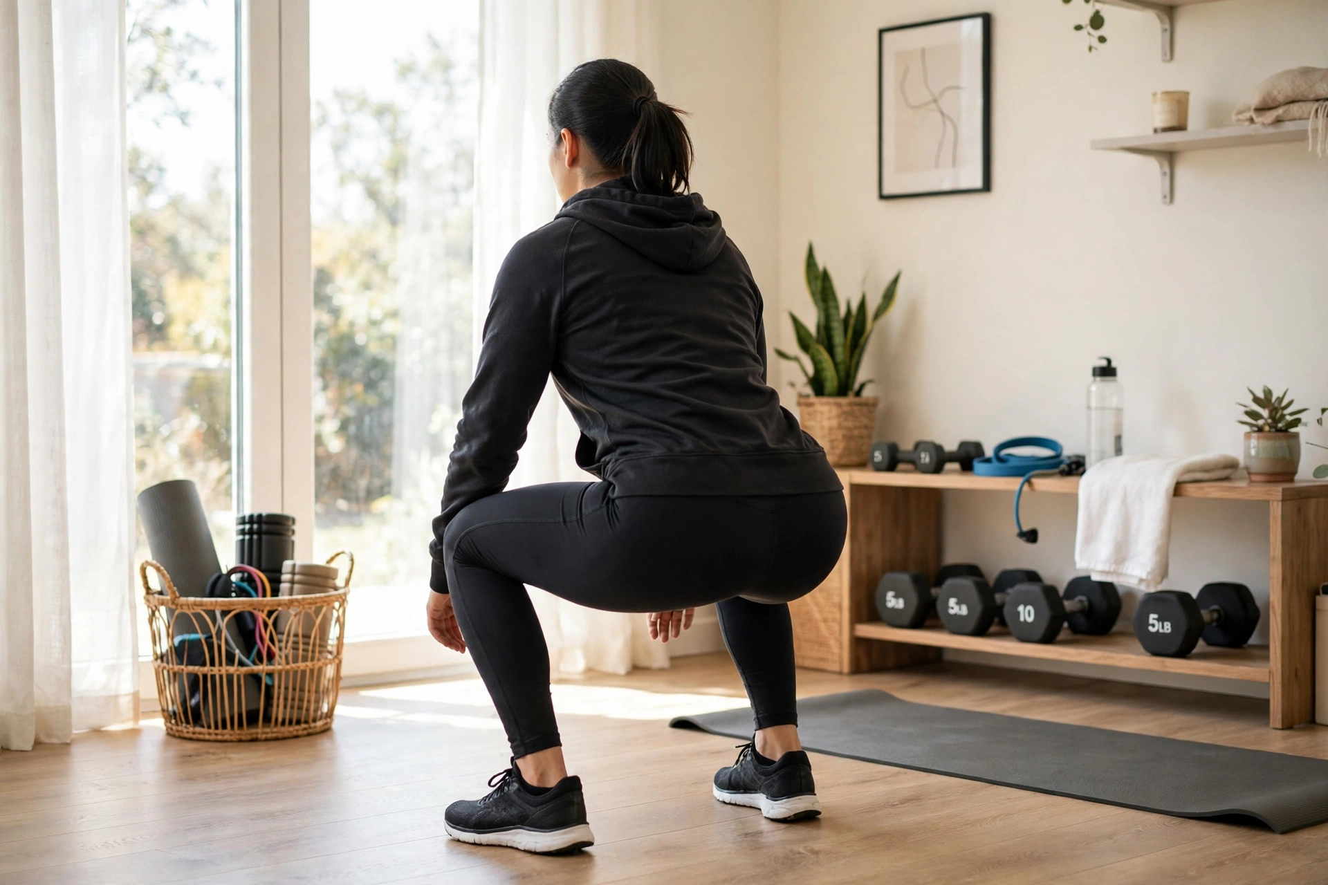 A person doing a bodyweight squat with feet shoulder-width apart in a bright home workout space.