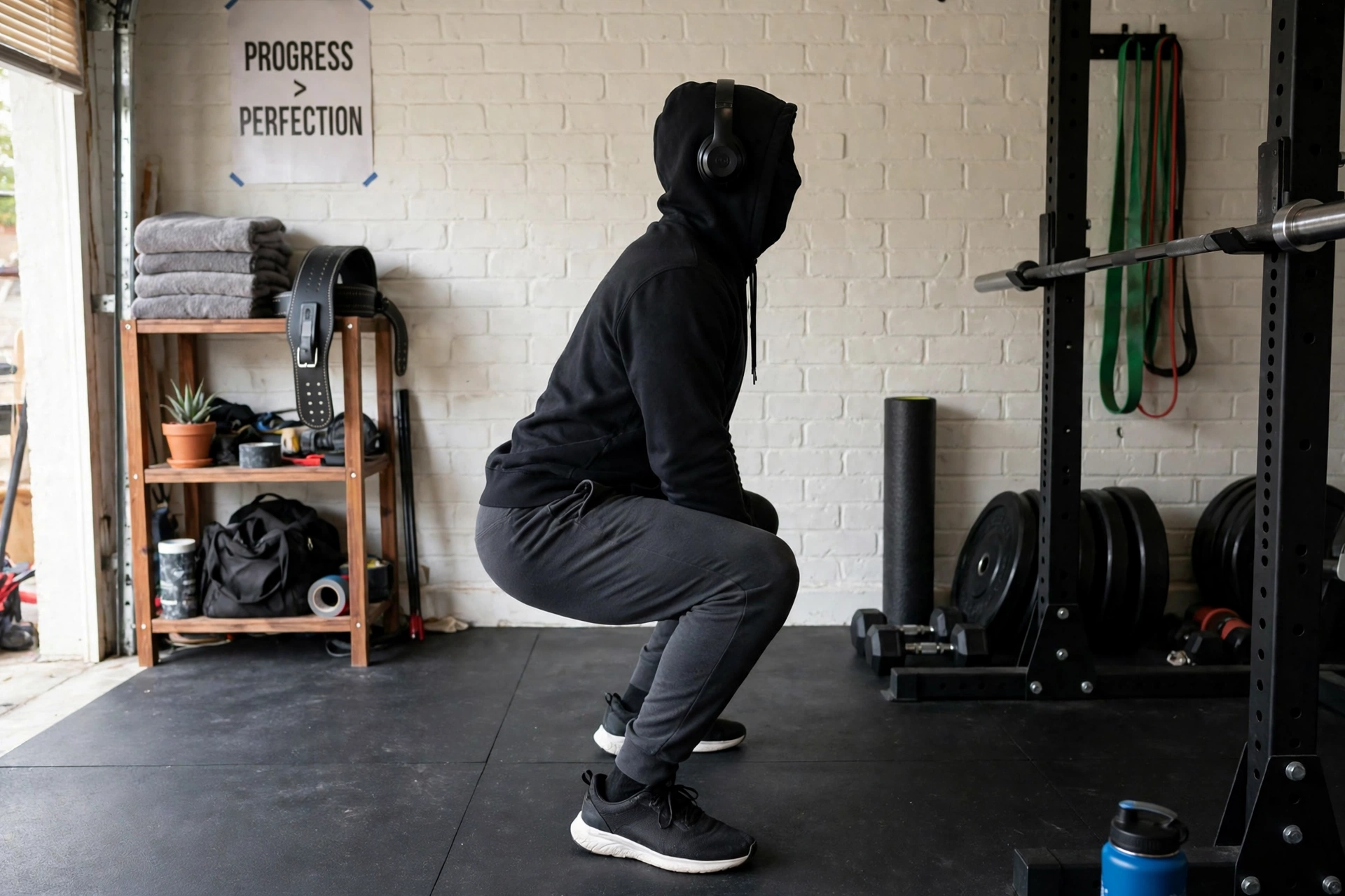 Side view of a squat at parallel depth with chest up and knees tracking over toes.