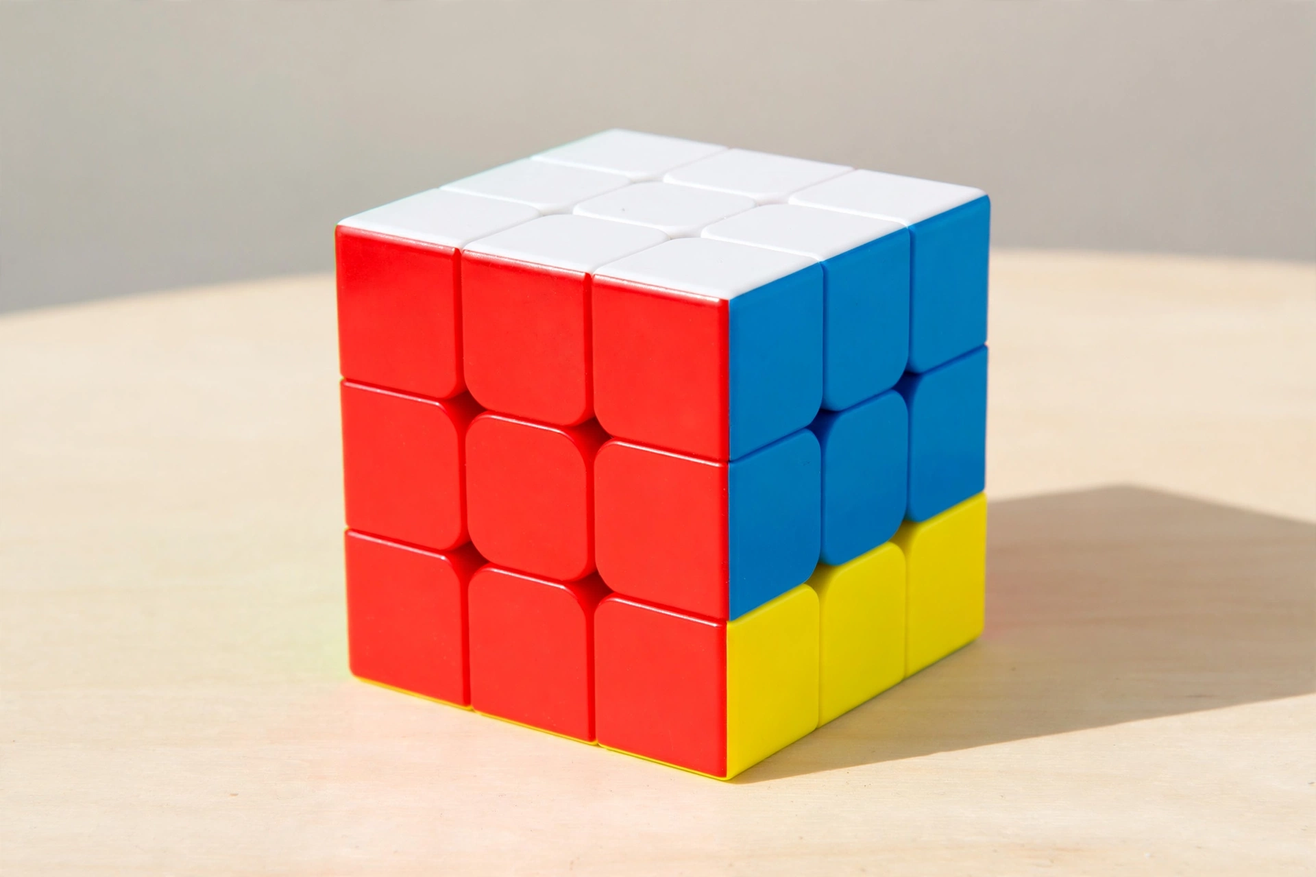 A solved Rubik's Cube showing bright red, blue, yellow, and white squares.
