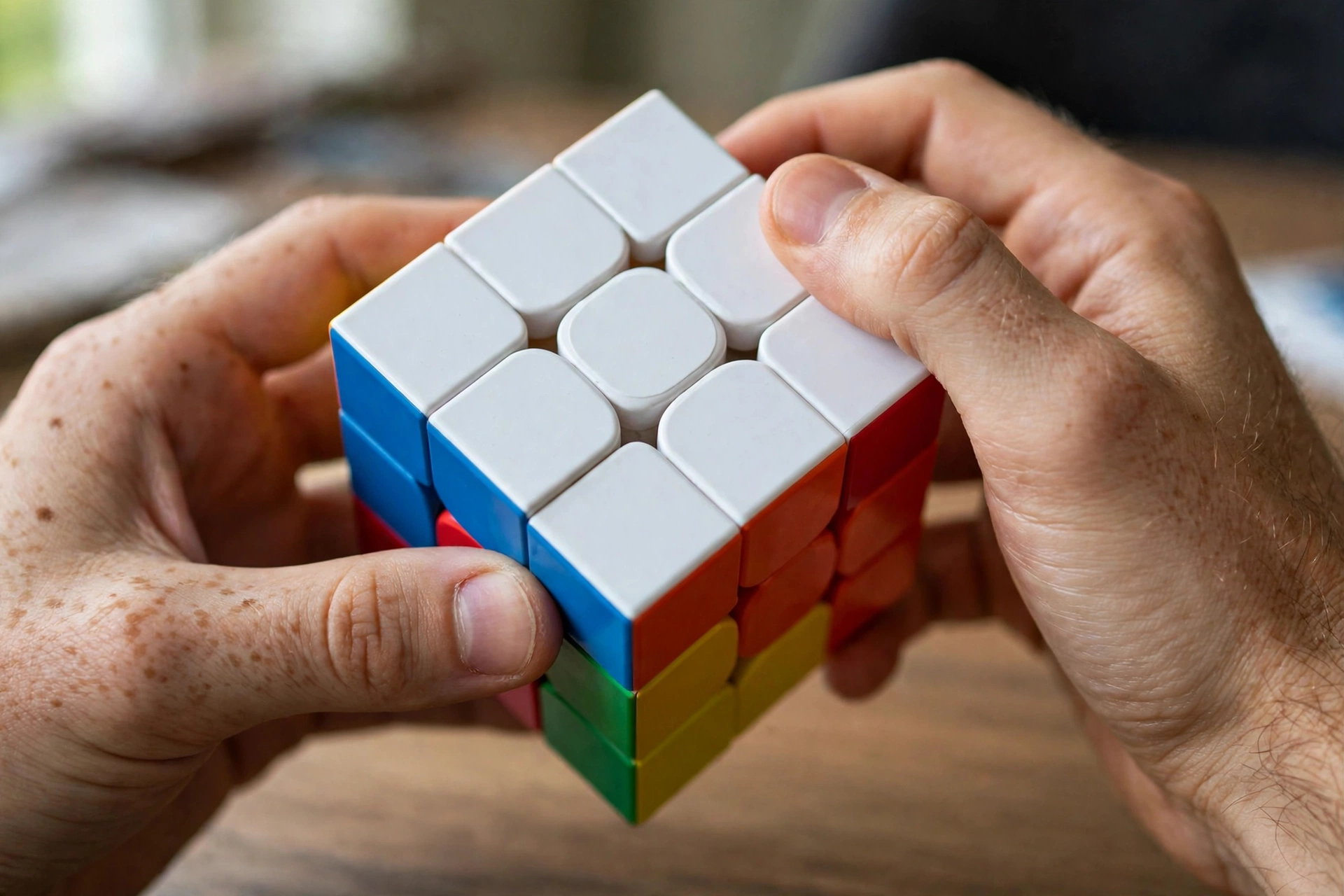 Hands turning a Rubik's Cube while building the white cross on top.