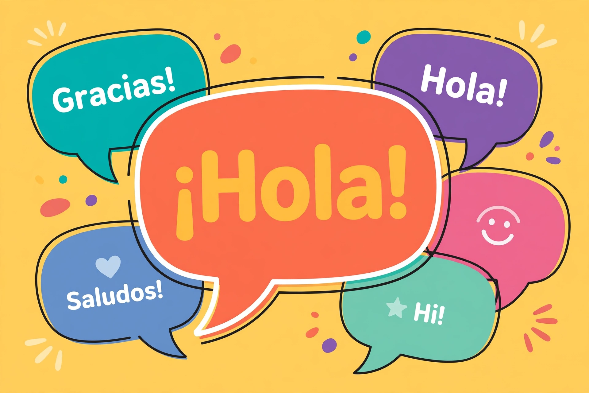 Cheerful speech bubbles with the word "¡Hola!" greeting in Spanish