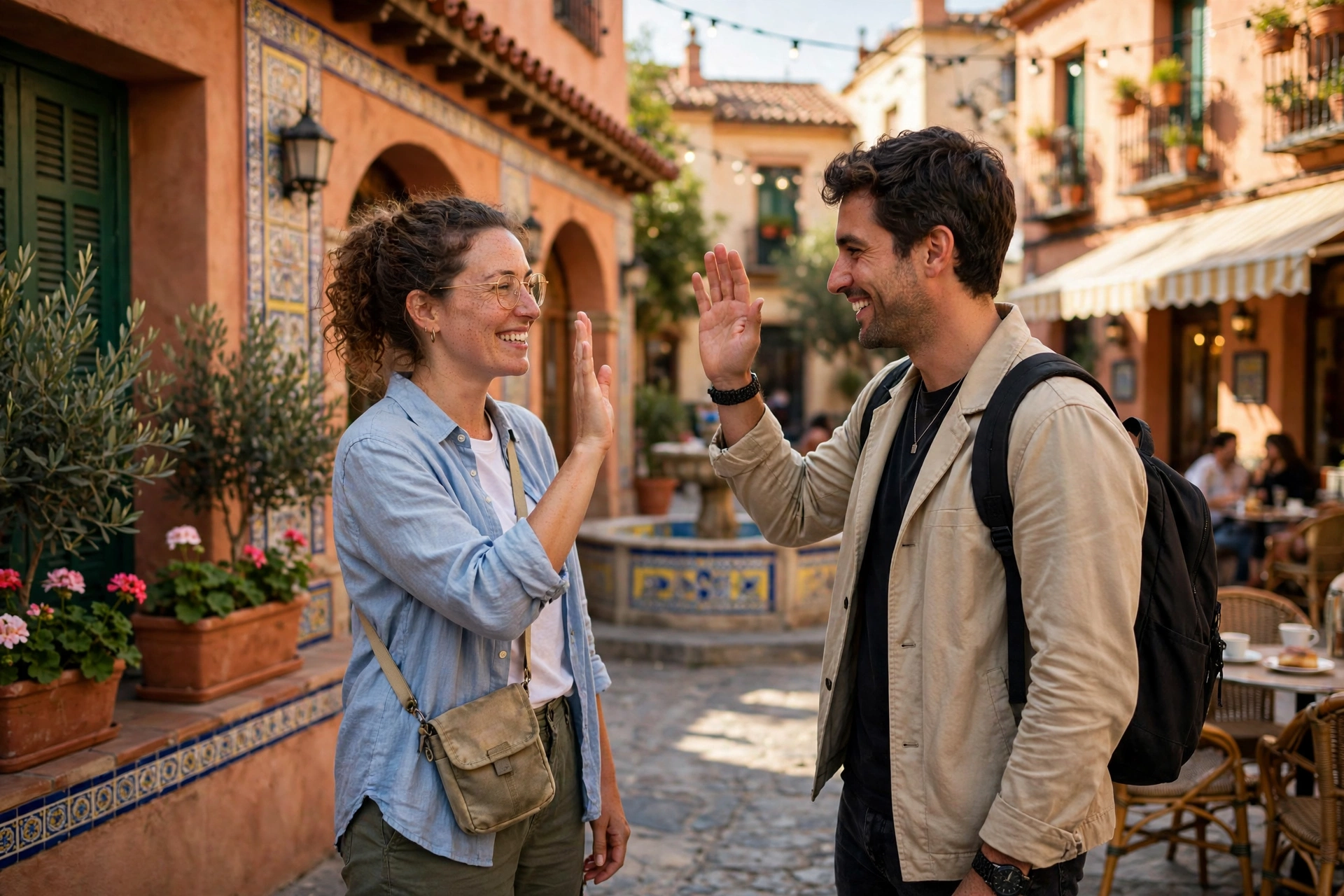 Two friends greeting each other in a sunny plaza in Spain