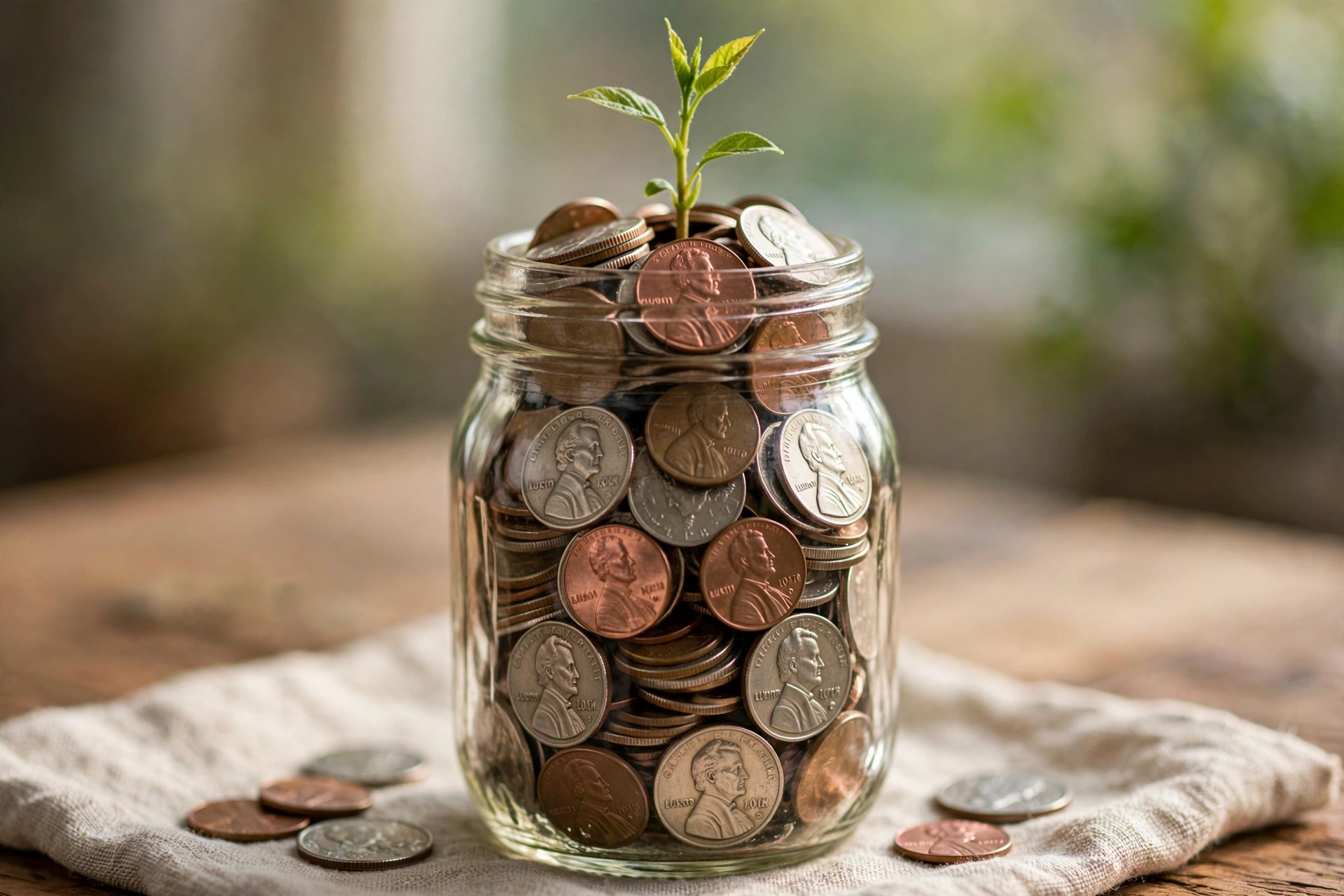 Glass jar of coins with a small plant growing from it