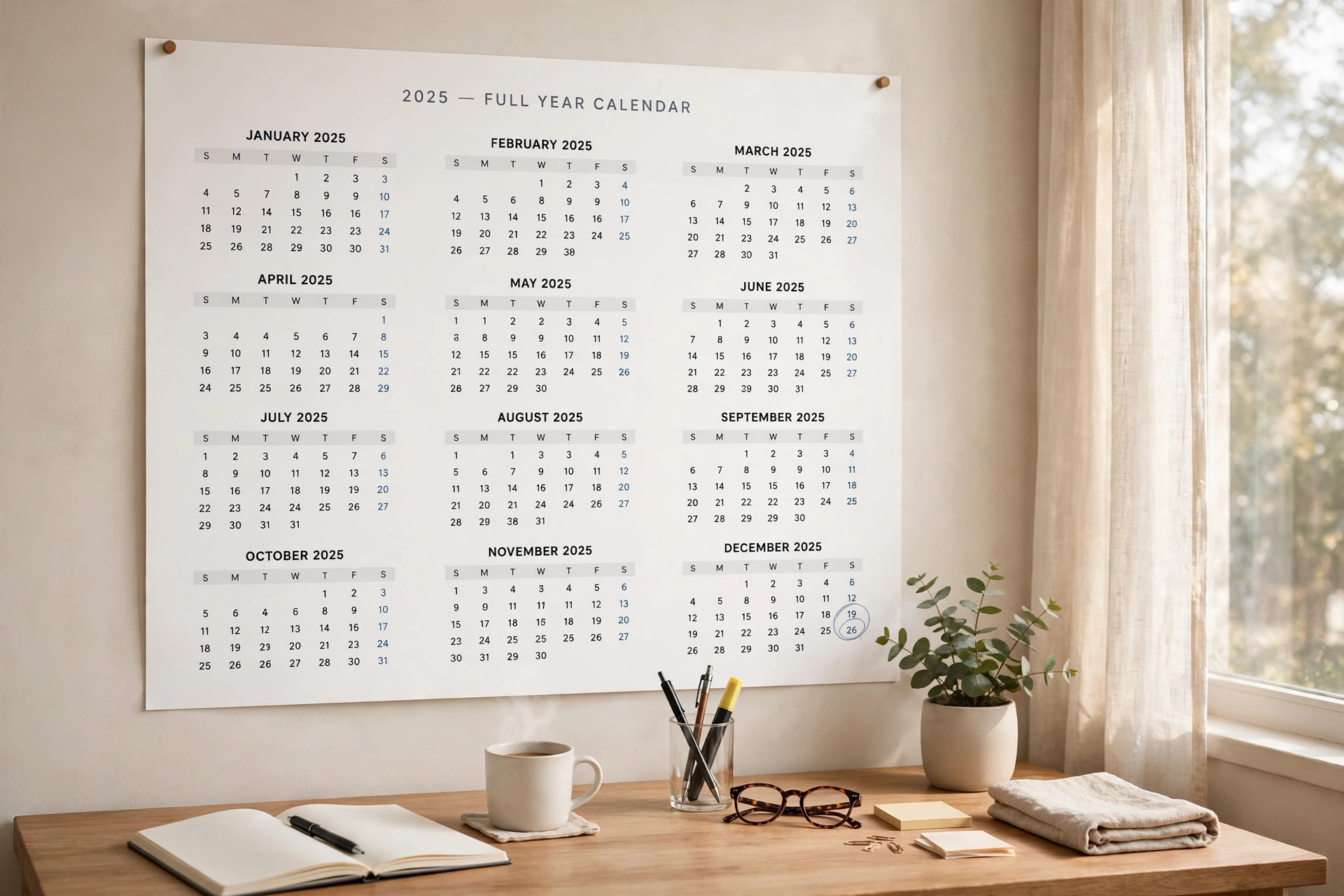 Wall calendar showing all 52 weeks of the year