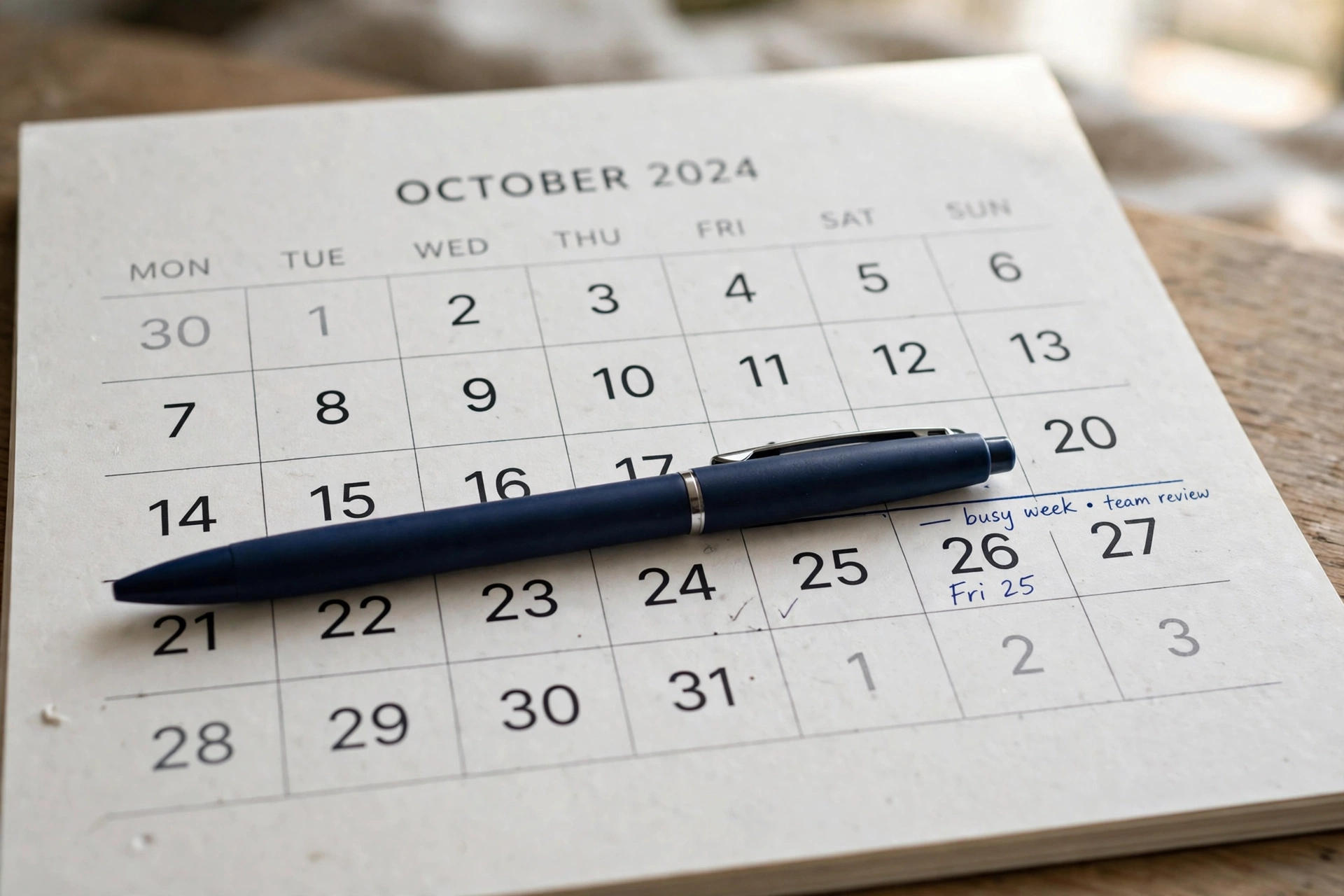 Close-up of a calendar grid showing numbered weeks